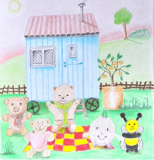 Little Ted with all his Friends, having a picnic outside their cute Shepherds Hut.